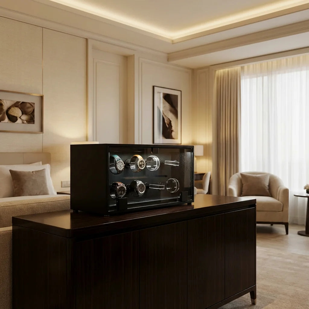 T'z Products日本製高級ワインディングマシーン8本用を、落ち着いたラグジュアリーなリビングに設置しているイメージ