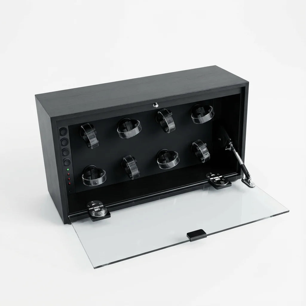 T'z Products日本製高級ワインディングマシーンASTRA CUSTOM時計8本巻き用の、斜め正面カット（扉開き）商品画像